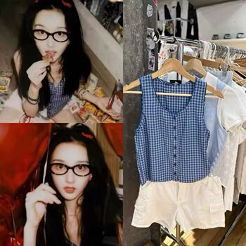 Brandy girl song zuer's the same style bm pure cotton plaid splicing lace edge v-neck camisole women's versatile
