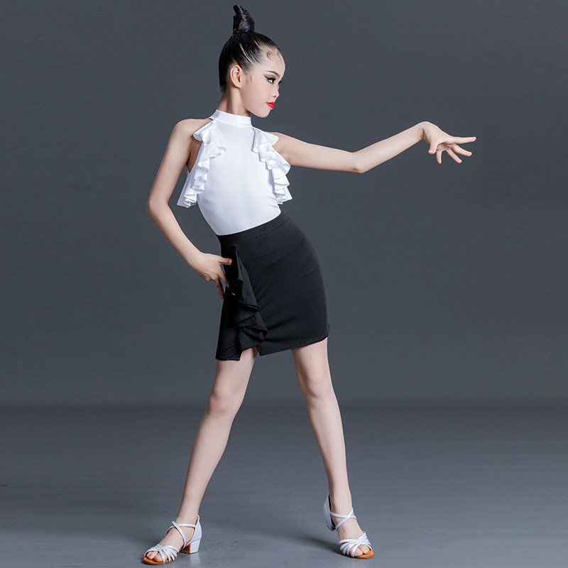 Children's Latin dance skirt girls summer training backless new two-piece skirt white suit training clothes lotus leaf