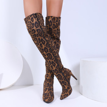 Leopard print pointed toe stiletto boots for women over the knee boots