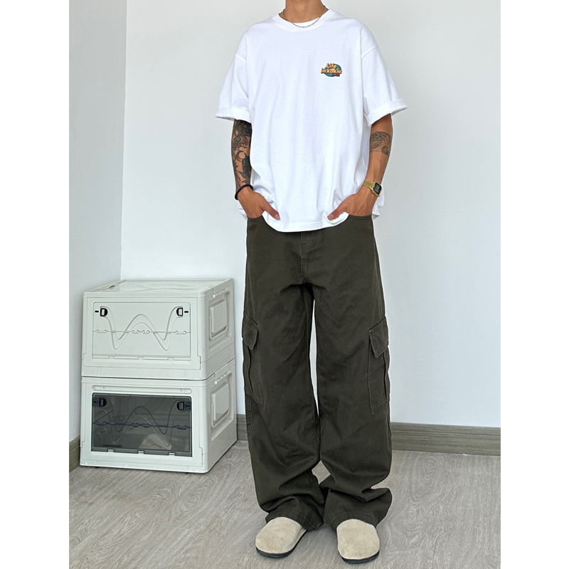 Sunset Sea Multi-Pocket Military Green Workwear Jeans for Men, American High Street Straight Loose Wide-Leg Trousers