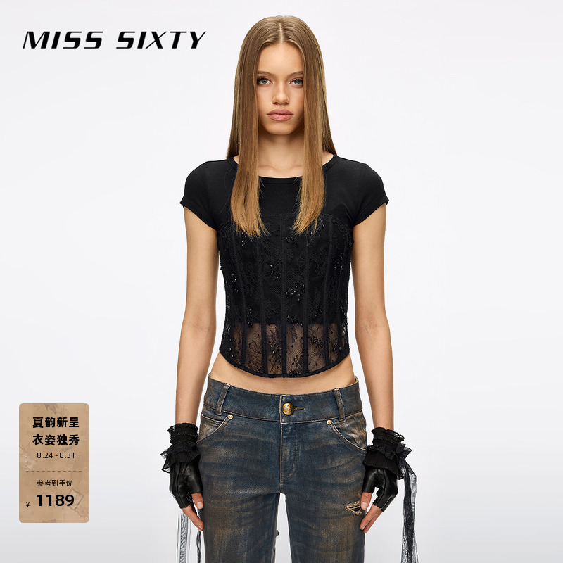 Miss Sixty2026 Spring New Short-Sleeved Shirt for Women, Layered Two-Piece Lace Beaded Bra Top Miss Sixty2026 Spring New Short-Sleeved Shirt for Women, Layered Two-Piece Lace Beaded Bra Top
