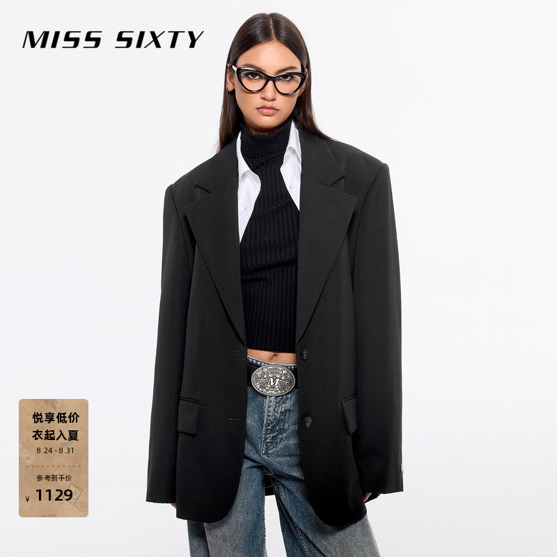 Miss Sixty Wool Fine-Spun Vintage-Style Blazer for Women, Single-Breasted with Shoulder Pads, Elegant and Sophisticated for Commuting