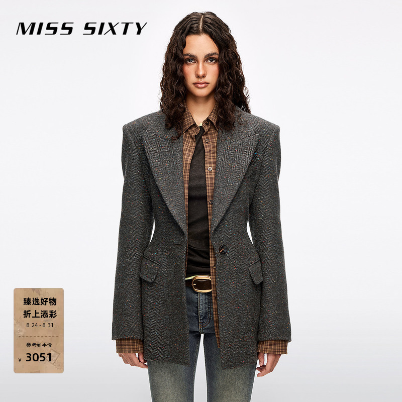 Miss Sixty Winter Woolen Coat with a Suit Collar and Single Button, Elegant and Casual for Commuting, Contains Wool