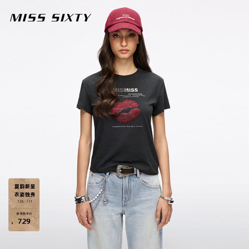 Miss Sixty2026 Spring and Summer New Cotton and Linen Short-Sleeved T-Shirt for Women with Round Neck, Rhinestone Lip Print Logo Print Top