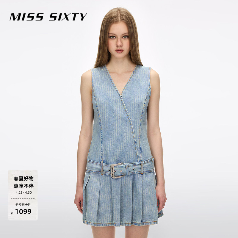 Miss Sixty2026 New Summer Denim Dress for Women V Neck Sleeveless with Belt Stripesd Pleated Skirt