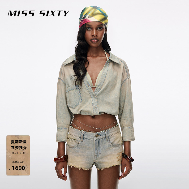 Miss Sixty2026 New Summer Denim Shirt for Women with Suspender Underwear Two-Piece Set with Five-Quarter Sleeves and Distressed Look Miss Sixty2026 New Summer Denim Shirt for Women with Suspender Underwear Two-Piece Set with Five-Quarter Sleeves and Distressed Look