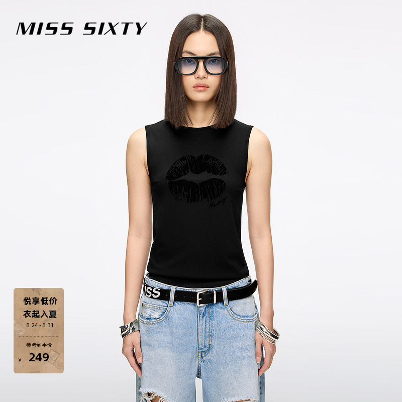 Miss Sixty2026 Spring and Summer Sleeveless T-Shirt Women's Round Neck Retro Flocked Lip Print Top Outerwear Vest