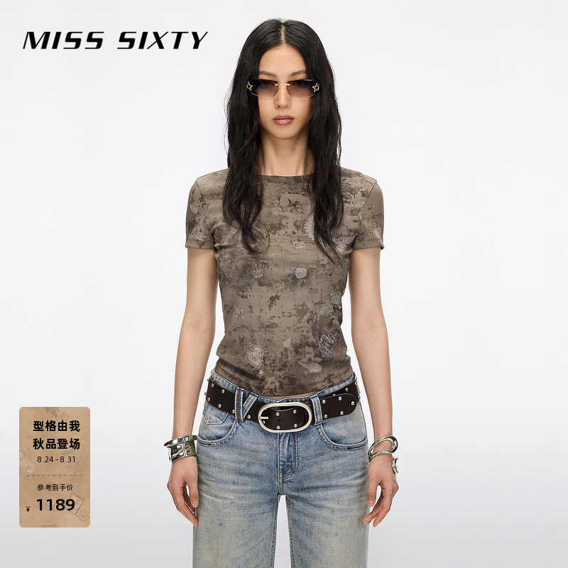 Miss Sixty2026 New Autum T-Shirt for Women, Round Neck, Retro Illustration, Angel Hot Diamond Print, Short-Sleeved Top Miss Sixty2026 New Autum T-Shirt for Women, Round Neck, Retro Illustration, Angel Hot Diamond Print, Short-Sleeved Top