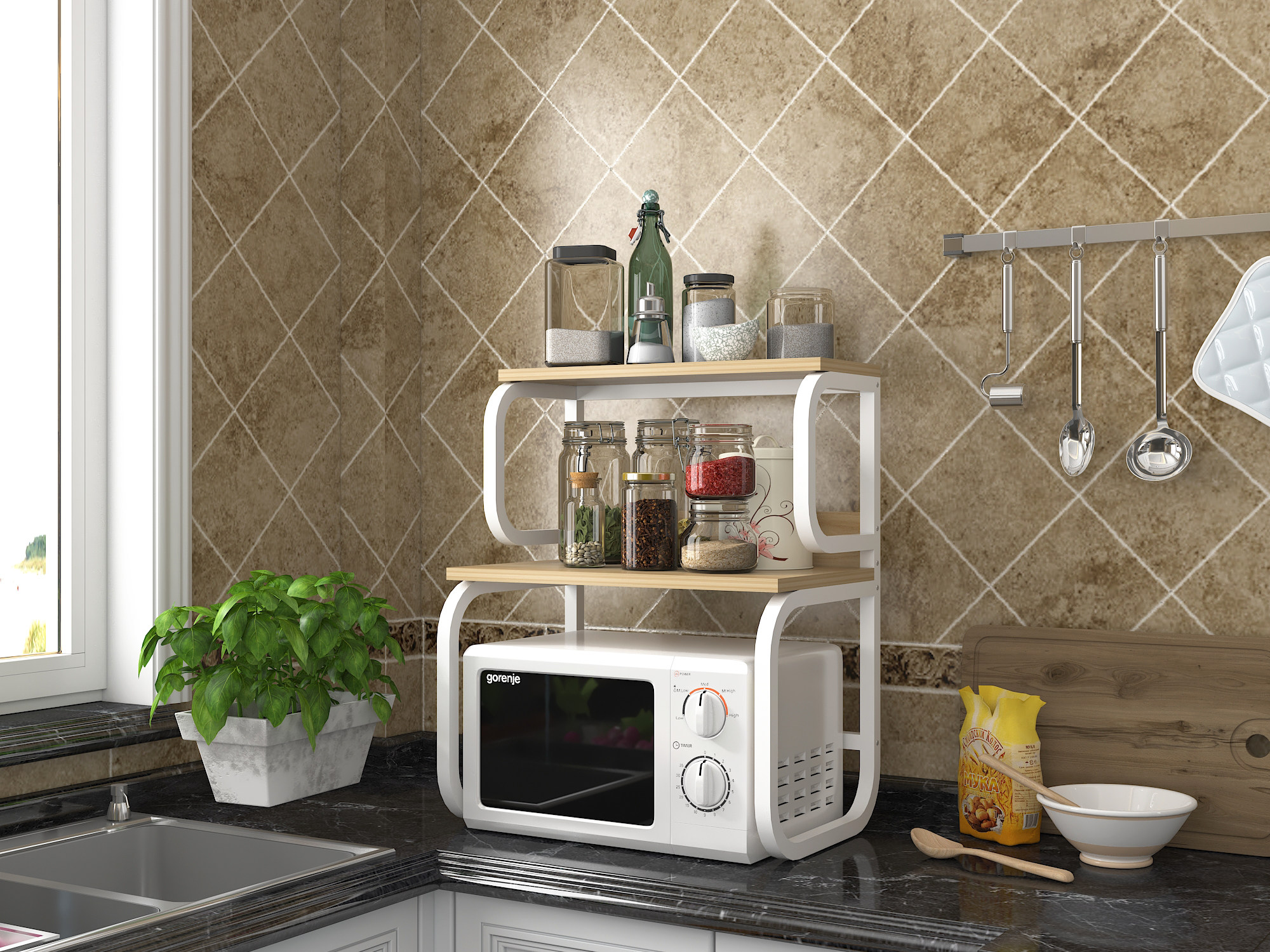 Kitchen rack microwave seasoning oven 2-layer tempered glass home multi-functional space-saving storage rack