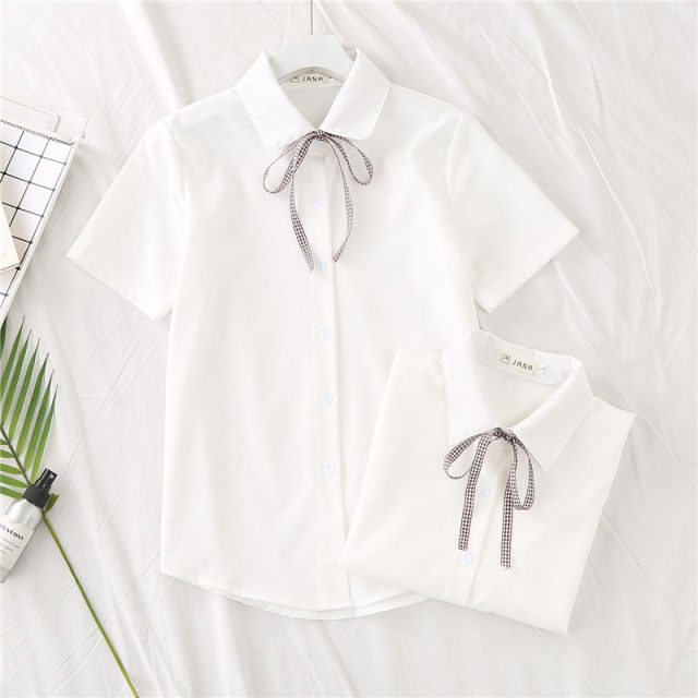 2022 spring and summer new bow white shirt ladies professional work clothes student long-sleeved short-sleeved shirt top