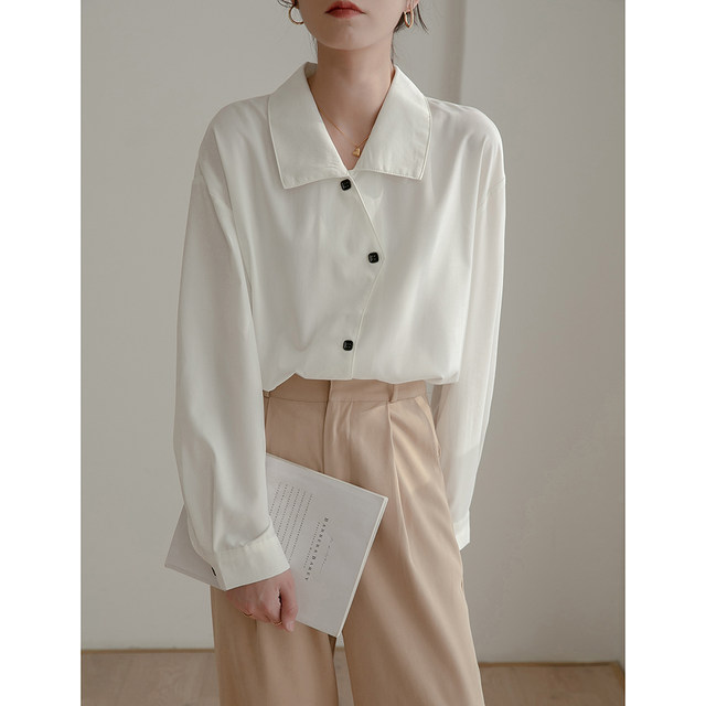 Satin white shirt women's design sense niche loose long-sleeved drape all-match high-end temperament chic top spring and autumn