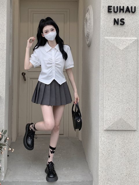 Summer JK uniform white shirt design sense waist pleated short-sleeved shirt female + suit pleated skirt suit
