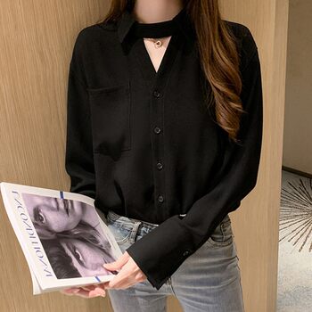 Retro design niche top women's 2022 spring and autumn new chiffon black shirt V-neck long-sleeved loose shirt