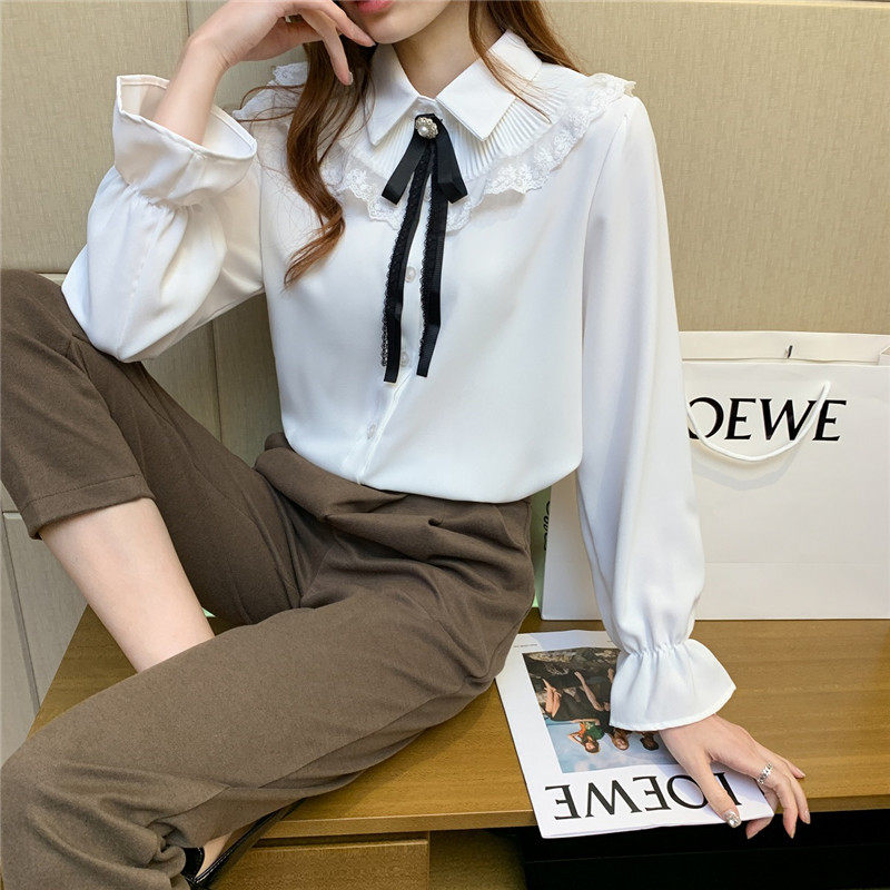 Shirt Woman Design Sensation Small Crowd 2022 New Long Sleeves Lace Lace Snow-spinning Shirt 100 Hitch-Style Blouse Shirt