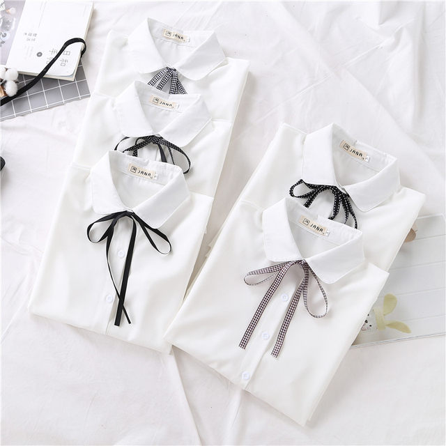 2024 spring, autumn and winter new style velvet thickened bow chiffon white shirt for women with long-sleeved bottoming top