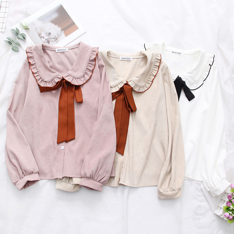 Shirt Woman Long Sleeve 2022 Early Spring New Lotus Leaf Side Collar Thickened Bow Tie Bottom Blouse Women Light Core Suede Shirt