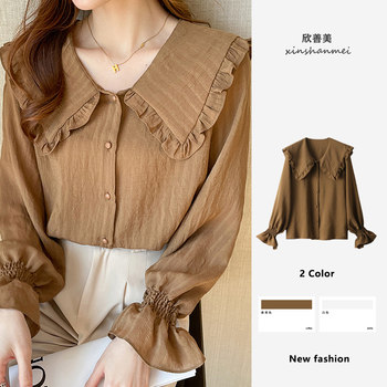 French retro doll collar shirt women's design niche chic top 2022 spring and autumn new long-sleeved shirt