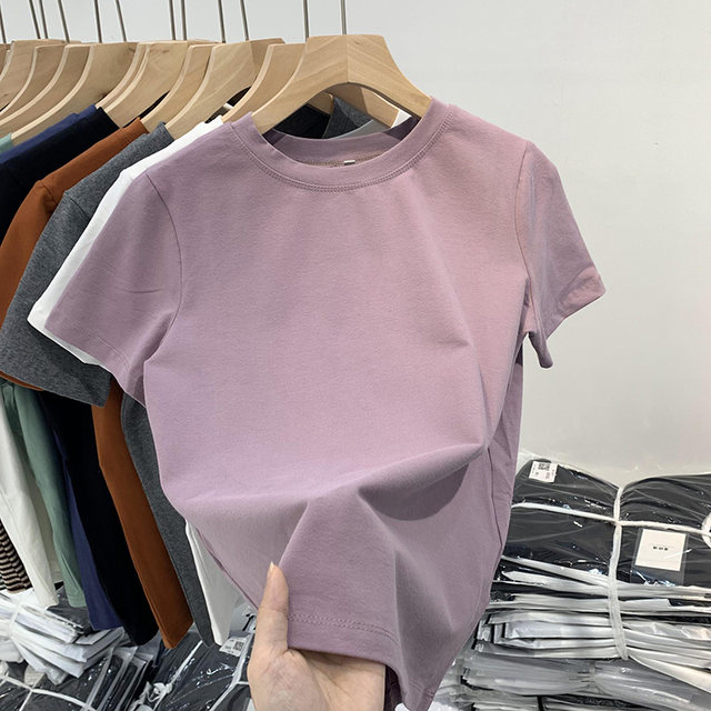 Cotton short-sleeved t-shirt women's trendy ins2022 spring and summer new loose all-match round neck T-shirt brushed solid color top