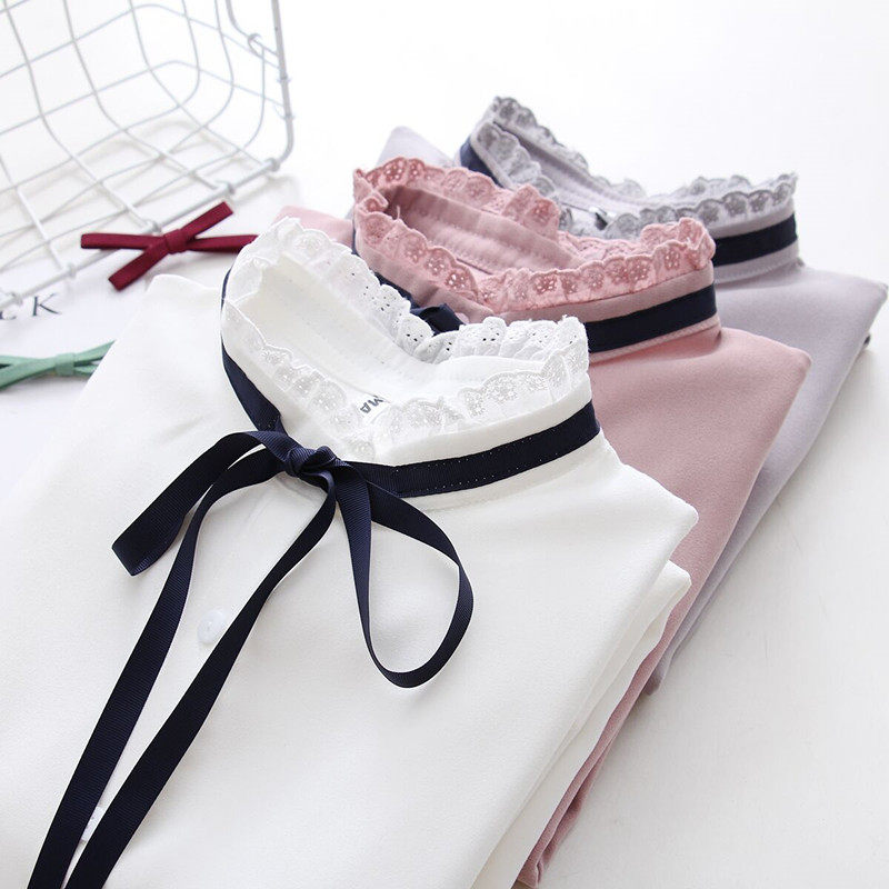 Stand-up collar shirt women's long-sleeved 2021 spring and autumn new Han fan bow college style loose student base white shirt