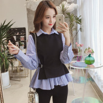 2021 spring and autumn new womens waistcoat with shirt two-piece top striped long-sleeved chic early autumn Korean fan shirt