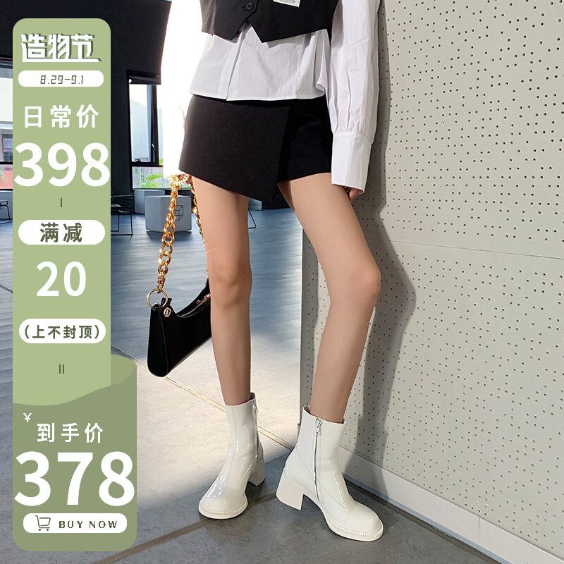 Brother Wang patent leather Martin boots women's 2022 new retro white boots thick heel Mary Jane big toe thick sole ankle boots