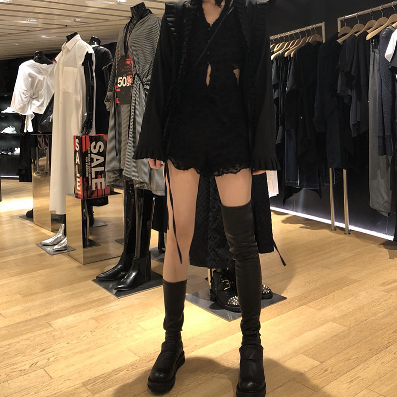 Net red short boot slim and thin thick bottom elastic boot 2021 autumn winter new round head though kneecap boot handsome flat-bottomed boots