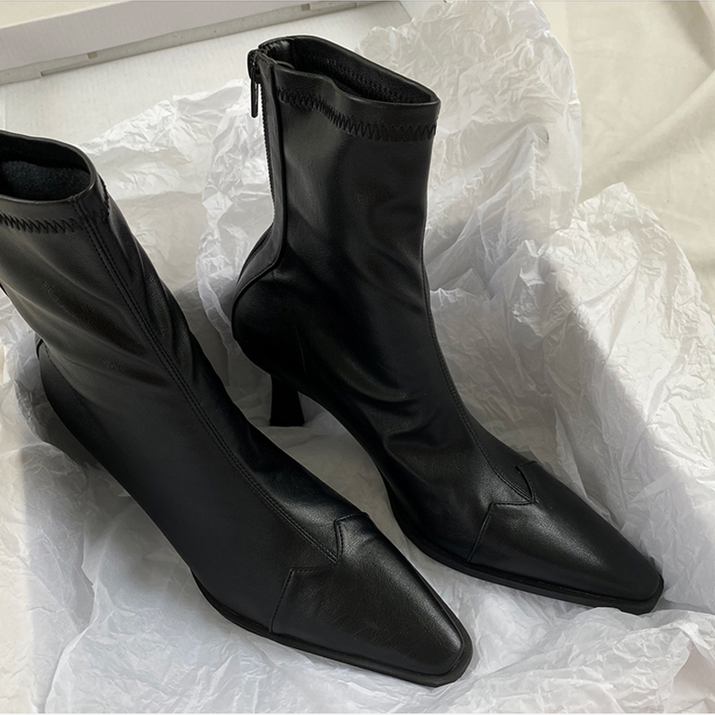 Ultra-stable not tired feet Bare Boots East Gate The Same High Heel Short Boots Fashion Splicing Genuine Leather Elastic Boots