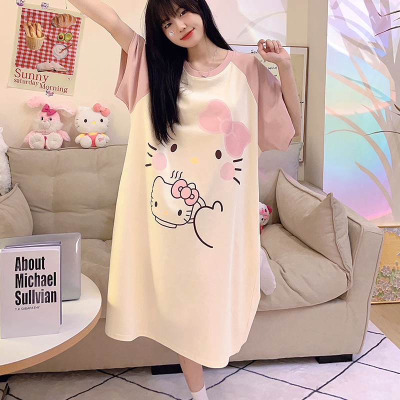 Hello Kitty Pajamas for Women, Summer Round Neck Short-Sleeved Raglan Nightgown, Sweet Cartoon Long Dress, 2025 New Style Pullover Loungewear