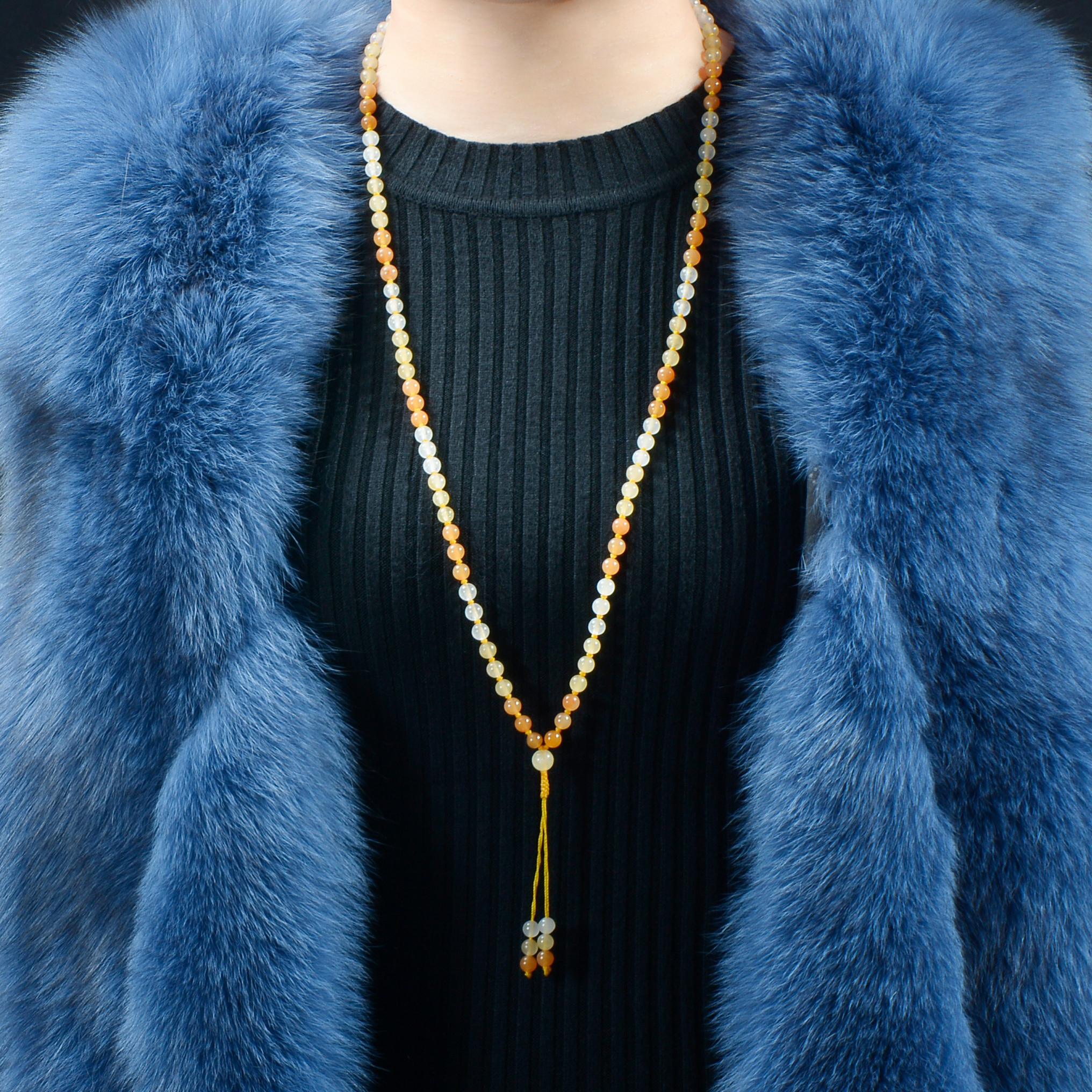 Xinjiang natural gold silk jade necklace 6mm108 multiple rings of fur coat chain 100 hitch multicolored jade necklace jewels