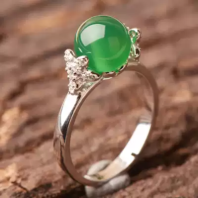 Natural chalcedony ring s925 silver inlaid ring Women's finished ring Adjustable diamond ring