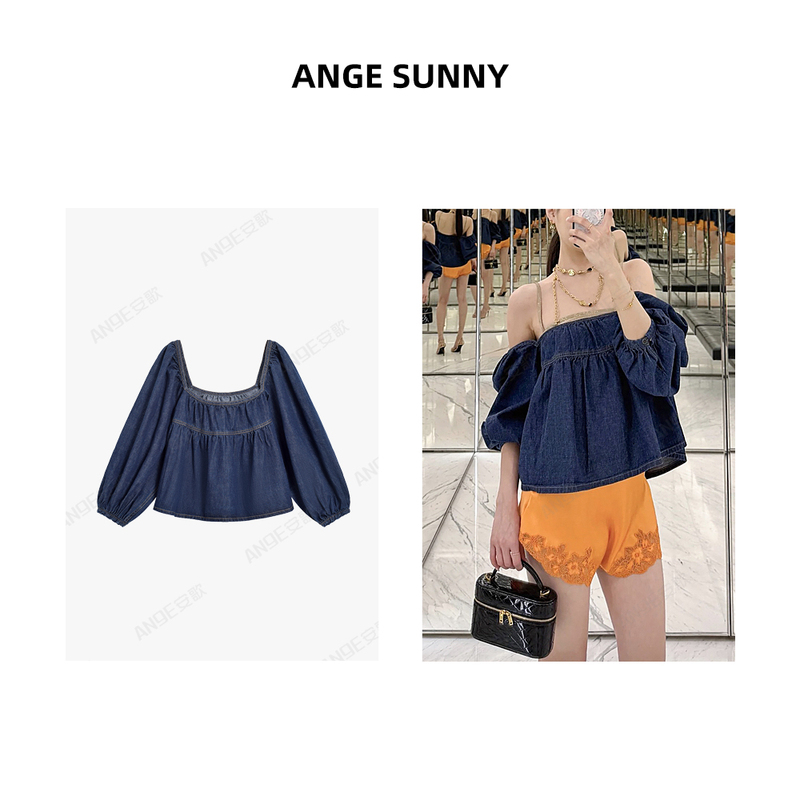 Quyang Ange Sunny【Y*L Puff Sleeve Denim Top】Vintage Pleated Gentle Commuter Top