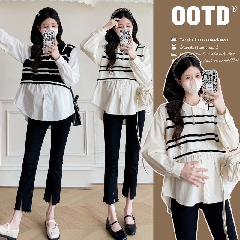 Maternity Wear Spring Tops 2026 New Korean Style Fashionable Pregnant Mother Elegant Striped Fake Two-Piece Loose Long-Sleeved Shirt