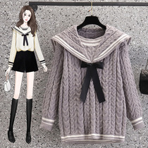 Maternity suit autumn and winter 2021 new Korean style thickened knitted sweater winter dress doll collar large size top two-piece set