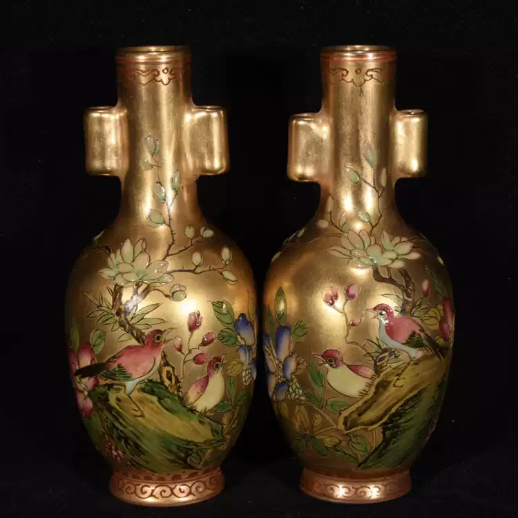 中国美術 景德鎮 花瓶 花器 花入 大清乾隆年製 六角 双耳 合箱 骨董品 大清嘉庆年制粉彩描金双耳花瓶景德镇官窑瓷器陶瓷收藏品-Taobao-Tmall