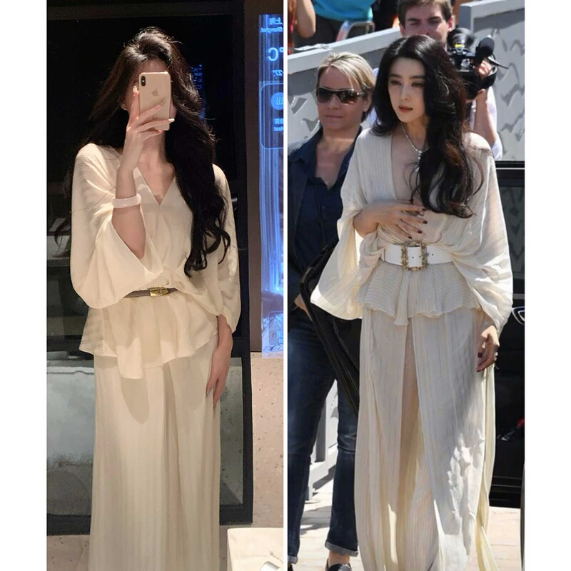 From a [Fang Bingbing] Set, a Beige High-End and Elegant V-Neck Top + Draped Straight-Leg Wide-Leg Pants for Every Moment