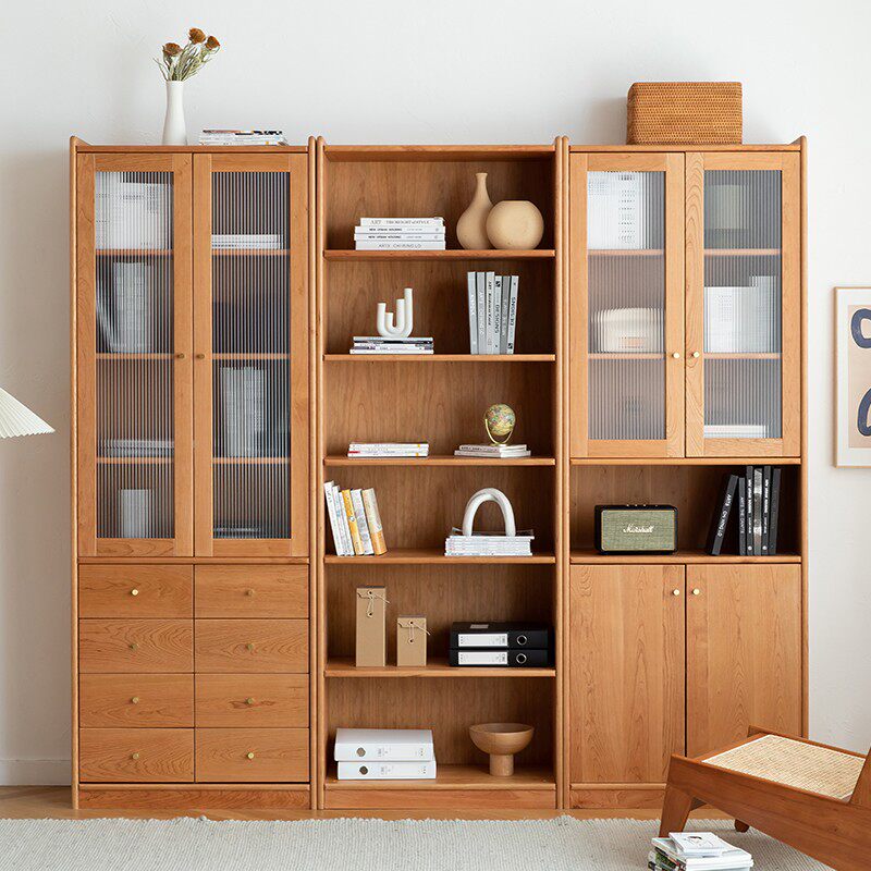 Modern minimalist solid wood cherry wood bookcase with drawer glass door bookshelf storage student bookcase office file cabinet - Taobao