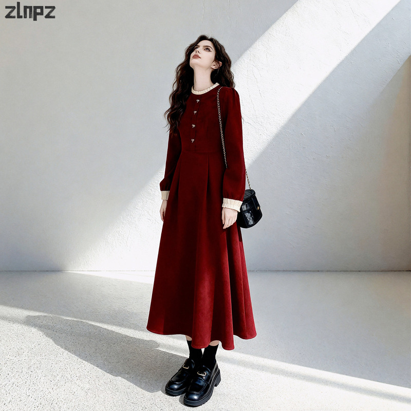 French Retro Red Long-Sleeved Dress for Women 2026 New Autum Style Unique, Beautiful, High-End and Elegant Long Dress French Retro Red Long-Sleeved Dress for Women 2026 New Autum Style Unique, Beautiful, High-End and Elegant Long Dress