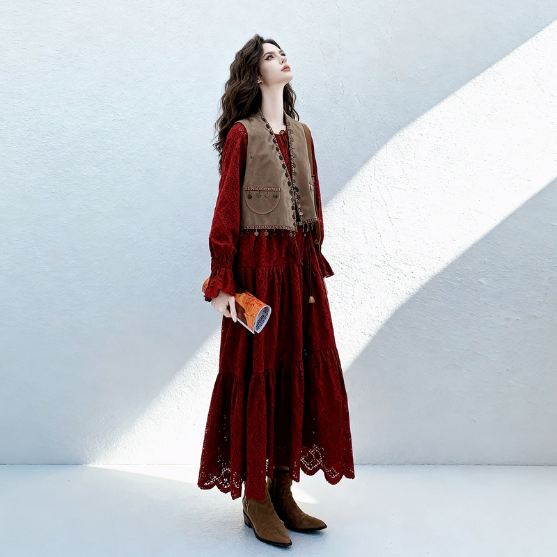 Very Beautiful Red Long-Sleeved Dress Set for Women, 2026 Autumn New Style Suede Vest and Long Skirt Two-Piece Set Very Beautiful Red Long-Sleeved Dress Set for Women, 2026 Autumn New Style Suede Vest and Long Skirt Two-Piece Set