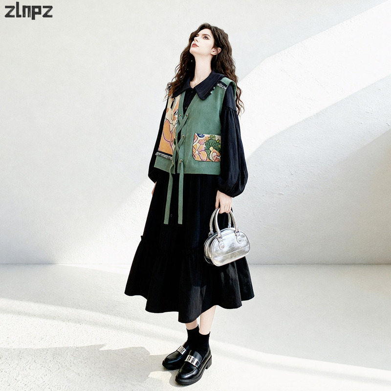 Gorgeous Printed Vest Dress Set for Women, 2026 Autumn New Style Shirt and Long Skirt Fashion Two-Piece Set