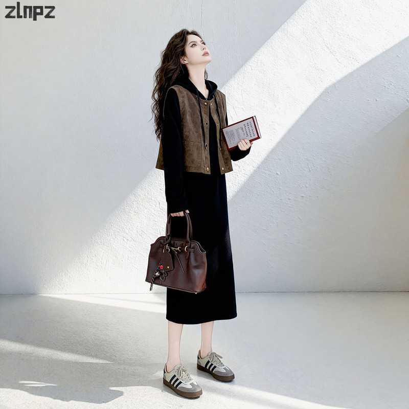 High-End Vest Dress Set for Women 2026 Autumn New Korean Style Casual Hooded Sweatshirt Dress Two-Piece Set High-End Vest Dress Set for Women 2026 Autumn New Korean Style Casual Hooded Sweatshirt Dress Two-Piece Set
