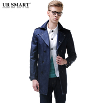 Youjishi brand mens denim windbreaker autumn and winter new mid-length double-breasted tunic denim windbreaker mens jacket