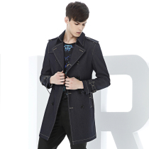 Youjishi mens windbreaker medium and long double-breasted denim windbreaker mens autumn black slim windbreaker jacket mens trend