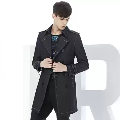 Youjiashi men's windbreaker medium long version double-breasted denim windbreaker men's autumn black slim slim windbreaker jacket men's tide