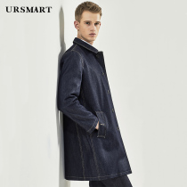 Youjishi medium and long denim windbreaker mens single breasted casual mens windbreaker Indigo denim jacket mens windbreaker