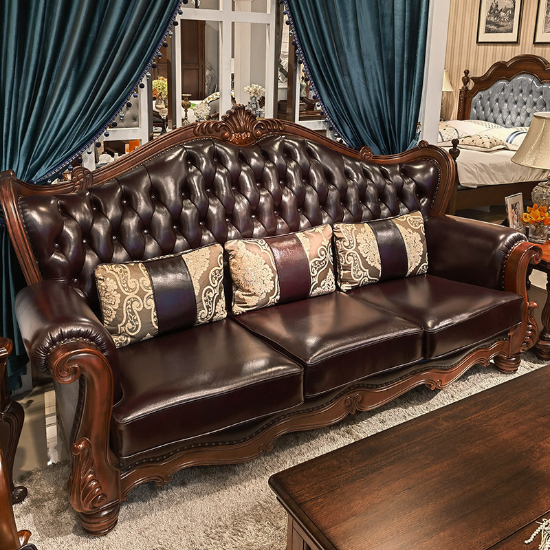 American log sofa walnut leather sofa U-shaped carved combination sofa simple beauty living room solid wood furniture