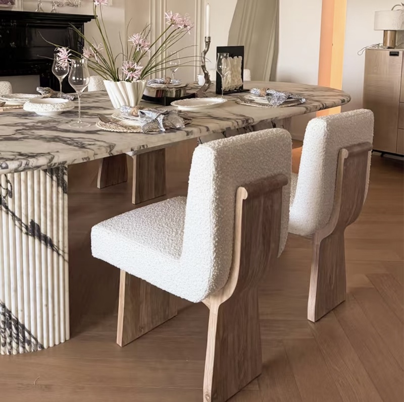Nordic Cream-Style Solid Wood Dining Chair, Comfortable Home Chair with Backrest, Lamb Wool Makeup Chair, Vintage Wabi-Sabi Style Chair Nordic Cream-Style Solid Wood Dining Chair, Comfortable Home Chair with Backrest, Lamb Wool Makeup Chair, Vintage Wabi-Sabi Style Chair