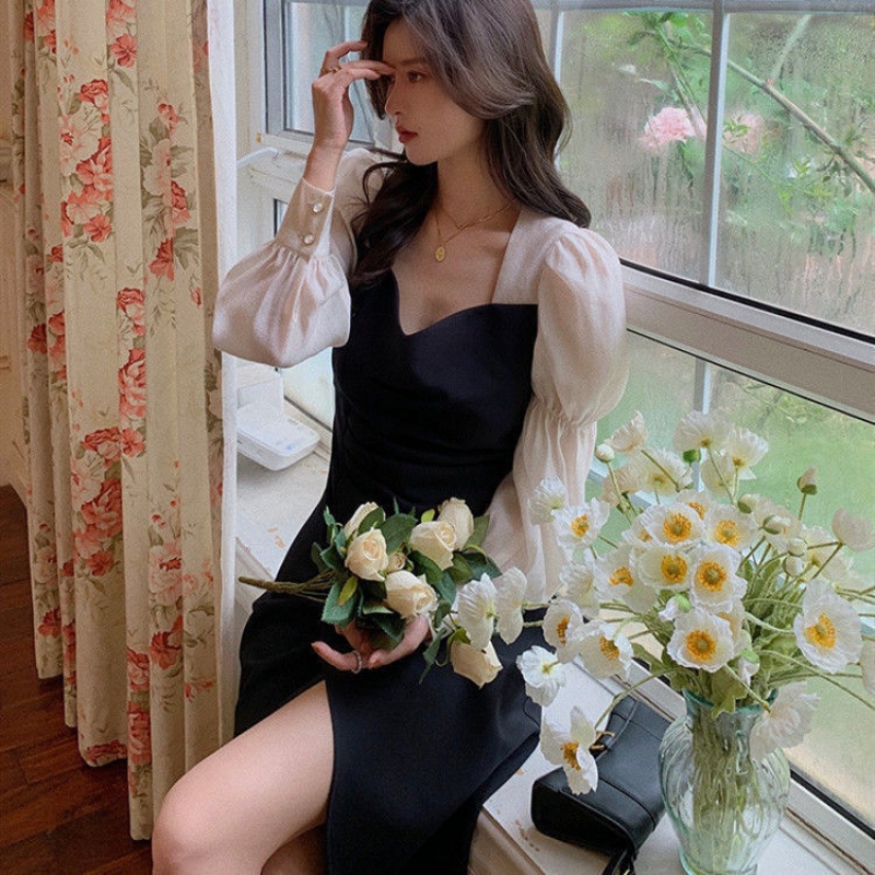 2021 spring new female small fragrant french niche dress women long sleeve in long vintage gang feng dress tide