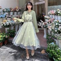 Super Xiansen mesh stitching dress 2021 spring new waist students gentle wind long sleeve first love skirt tide