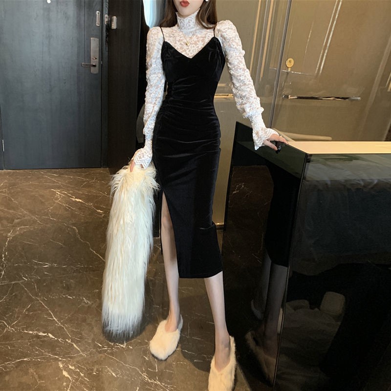 Temperament Pendant With Skirt Suit Woman 2021 Autumn-style Hollowed-out Lace Undershirt Sexy Open Fork Velvet Harness Foreign Dress