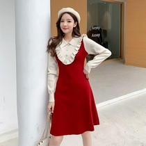 Skirt Autumn Winter One-piece Dress 2021 New Long Sleeves Temperament Agaric Edge Swarm Stitching Knit Bottom Tandem Dress Woman